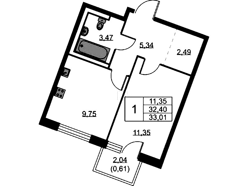 1-комнатная квартира 33.01 м², 2/9 эт., ЖК «Квартал Лаголово»